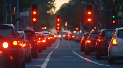 A row of traffic lights on a one-way street, all showing red as cars wait patiently.