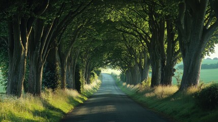 A row of trees lining a quiet country road, their branches forming a natural tunnel overhead.