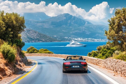 Convertible car on crete s coastal road with yacht and scenic blue sky background