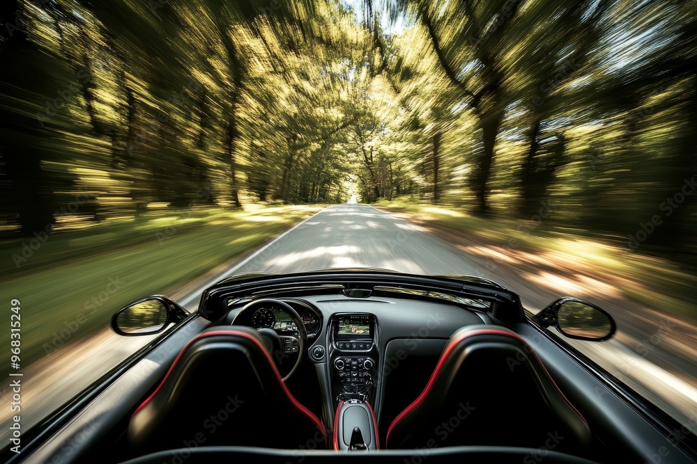 Poster dynamic view from an open convertible on a scenic country road surrounded by lush trees