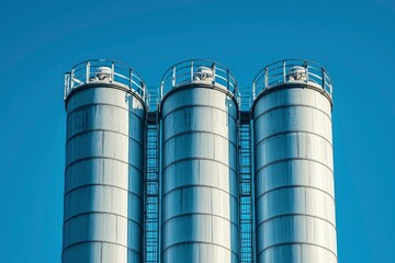 Three Industrial Silos Against a Blue Sky