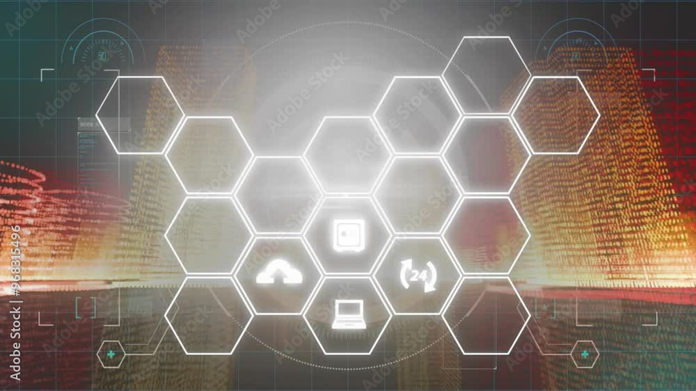 Poster animation of data processing with business icons over digital city on black background