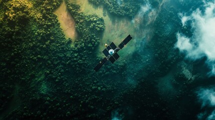 A satellite flying over a densely forested region, gathering data on deforestation.