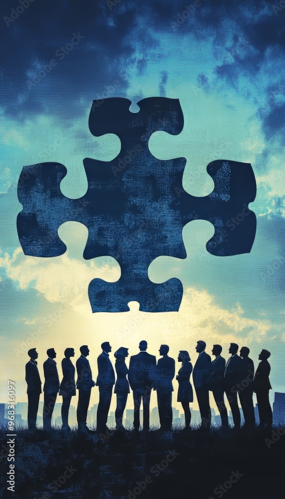 Poster collaborative business team meeting concept unity through a jigsaw puzzle representation