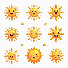 Cute and Happy Suns Emoji Illustration with Various Expressions, Perfect for Kids' Designs and Digital Use