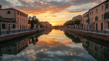 Fototapeta premium A scenic canal at sunset, with the sky's warm hues mirrored on the water's surface.