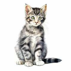 Fototapeta premium Cute Watercolor Illustration of a Tabby Kitten with Big Eyes