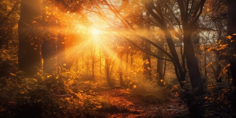 Golden light beams through trees