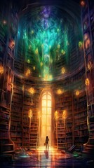 A young woman stands in a magical library.