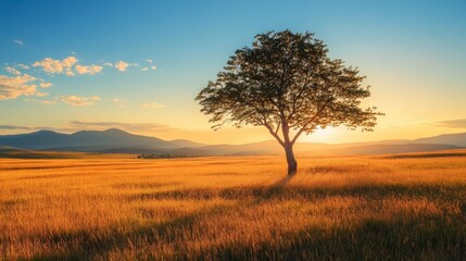 Fototapeta premium A solitary tree standing in an open field during sunset, casting a long shadow across the grass.