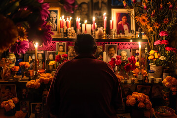 Praying at a Photo Altar with Traditional Day of the Dead Offerings of Flowers, Candles, and Prayers