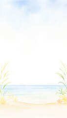 A serene coastal scene featuring soft waves, sandy beach, and gentle greenery, perfect for relaxation and tranquility.