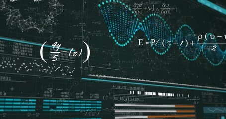 Animation of mathematical equations over data processing with dna strand on black background - Powered by Adobe