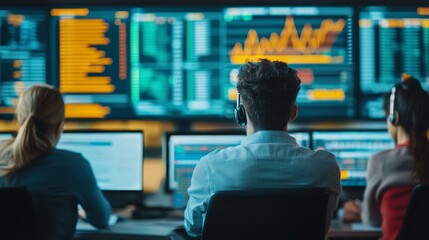 A team monitors data on multiple screens in a tech-focused workspace.