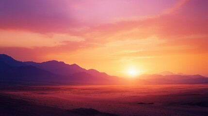 A sunset view over the desert, with the sky turning shades of orange and purple as the day ends