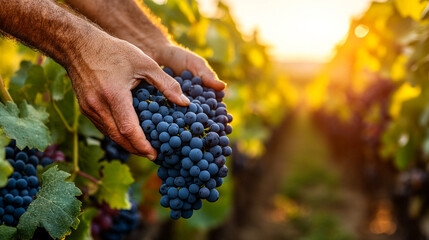 Obraz premium plucking ripe grapes from the vine, symbolizing care, harvest, and the rewards of hard work in a lush vineyard.