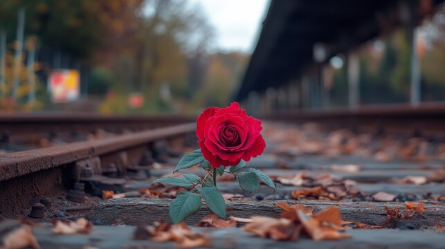 Close-up of a lone rose in a disused railway station. Flower on rusty rails with blurred background.
