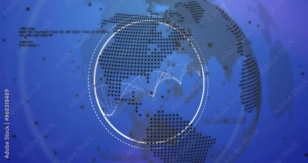 Aufkleber animation of data processing with globe over dna strand on blue background