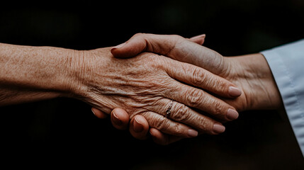senior woman’s hand extended in a warm greeting gesture, symbolizing friendship, connection, and kindness. The image conveys warmth and the beauty of personal interactions