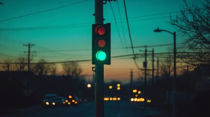 A traffic light glowing green at dusk, with headlights of cars visible in the distance.