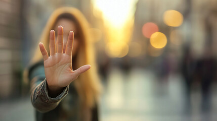 palm-out gesture, signaling 'stop,' stands out against a blurred background, conveying a clear message of halting or pausing