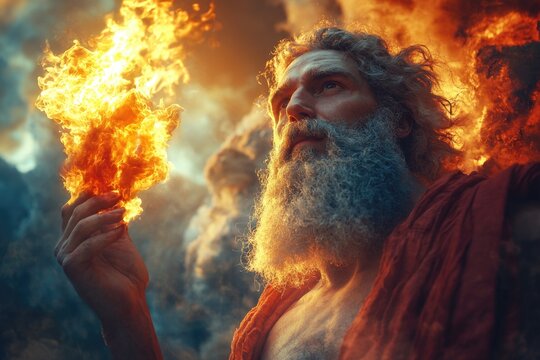 Titan of fire: An illustration of Prometheus, the Greek Titan defiance of the gods by bringing fire to humans, representing the profound impact on technology and the advancement of civilization