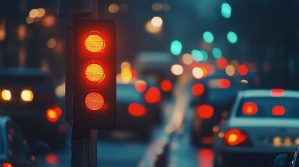 A traffic light showing red, with a line of cars waiting for it to change.