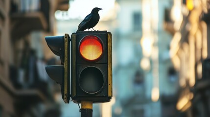 A traffic light with a bird perched on top, adding a natural touch to the urban scene.