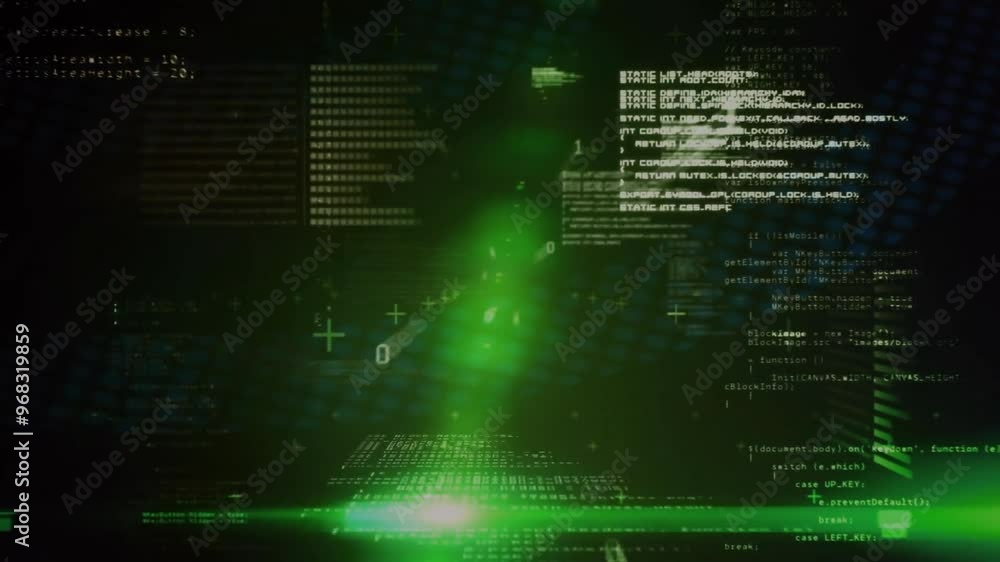 Poster animation of data processing over light trails on black background