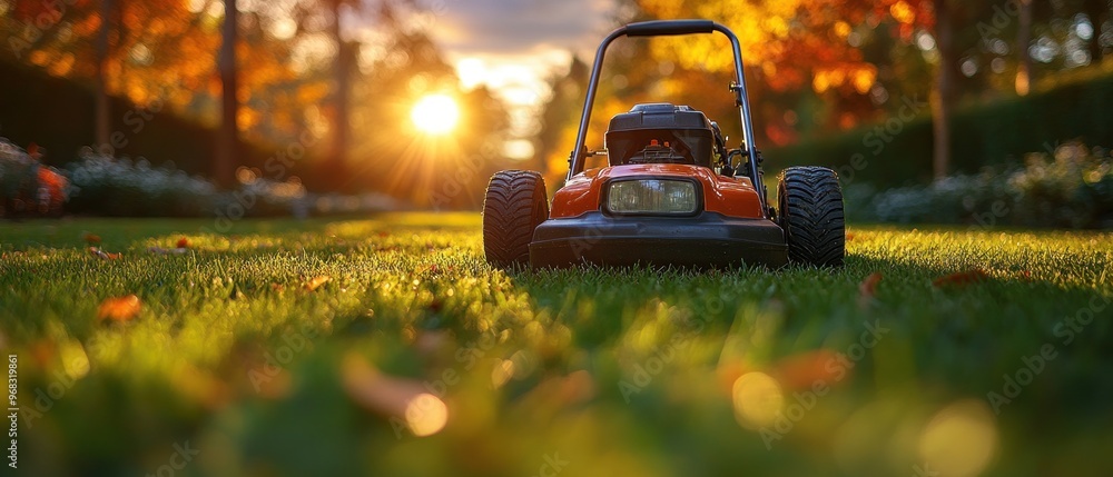 Sticker Lawn Mower in Golden Hour Sunlight