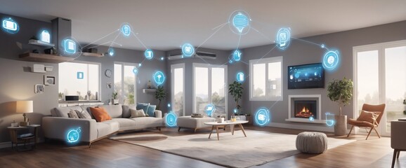 illustrate the concept of the Internet of Things with an image of a smart home, featuring various connected devices and appliances, shot from a low angle with a wide-angle lens