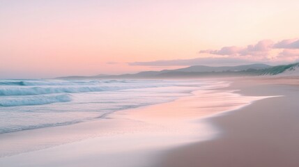 Fototapeta premium A tranquil sandy beach at sunrise with gentle waves lapping the shore and soft pink hues in the sky.