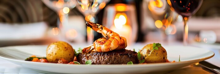 Elegant surf and turf dish with Cajun seasoned shrimp and steak accompanied by new potatoes at a sophisticated celebration.