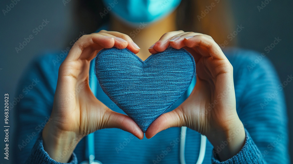 Wall mural female medic's hands forming a heart shape, symbolizing care, compassion, and healing in healthcare.