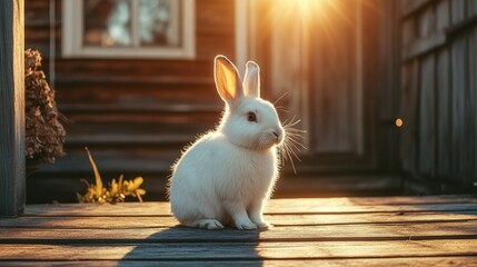 A white rabbit sits on a wooden surface, illuminated by warm sunlight during sunset.