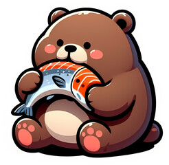Naklejka premium Cute cartoon bear holding a salmon fish