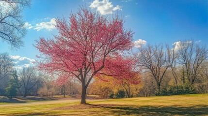 A tree with pink blossoms in full bloom, signaling the arrival of spring in a peaceful park.