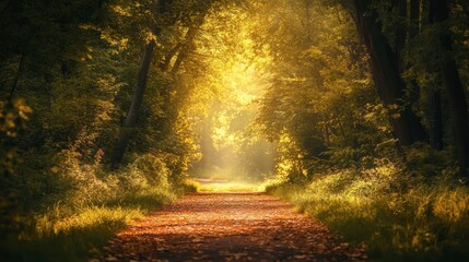 Obraz premium A tree-lined path in a forest, with leaves crunching underfoot and sunlight filtering through the branches.
