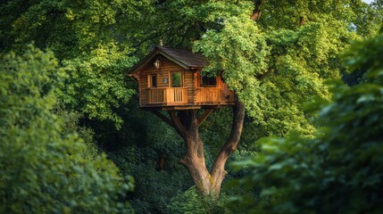A treehouse nestled high in the branches of a sturdy tree, surrounded by lush greenery.