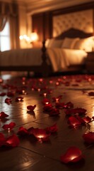Close-up of a bedroom with rose petals on the floor in an atmosphere romantic. Bedroom with rose petals scattered on the floor and bed.