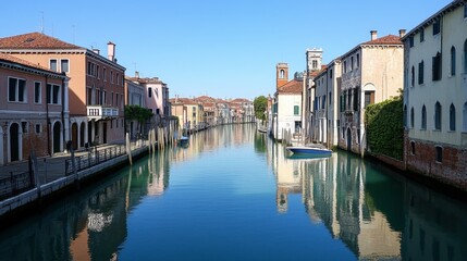 Obraz premium A view of a canal from a bridge, with the water reflecting the clear blue sky and surrounding architecture.