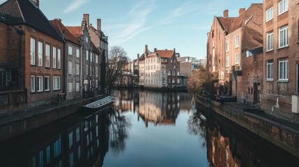 Obraz premium A view of a canal from a bridge, with the water reflecting the clear blue sky and surrounding architecture.