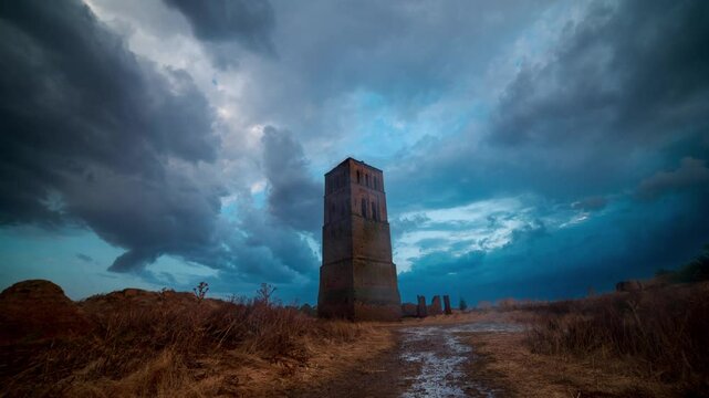 Timelapse video of an old church tower in ruins resisting the passage of time under the inclement weather, rain and wind at dusk. Time and western concept