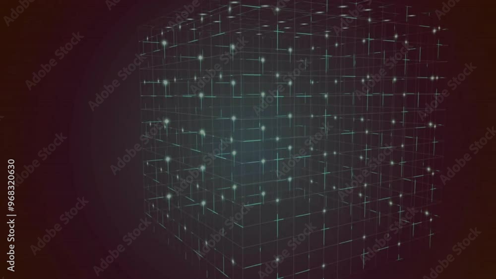 Poster animation of cube with light spots and lines on black background