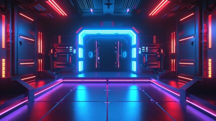 Obraz premium A futuristic e-sports scene with a neon-lit stage, perfect for gaming, rendered in a cyberpunk style.