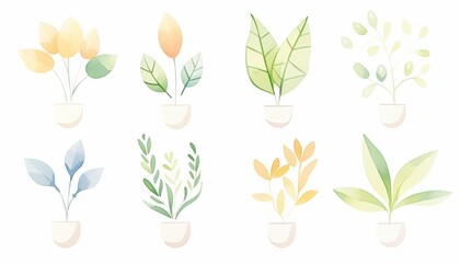 A vibrant collection of watercolor plants in pots, showcasing various leaves and flowers for a fresh and natural aesthetic.