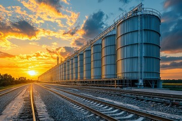 Fototapeta premium Industrial Silos and Railway Tracks at Sunset