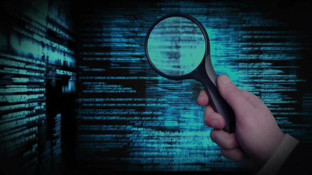 Animation of hand holding magnifying glass over data processing on black background