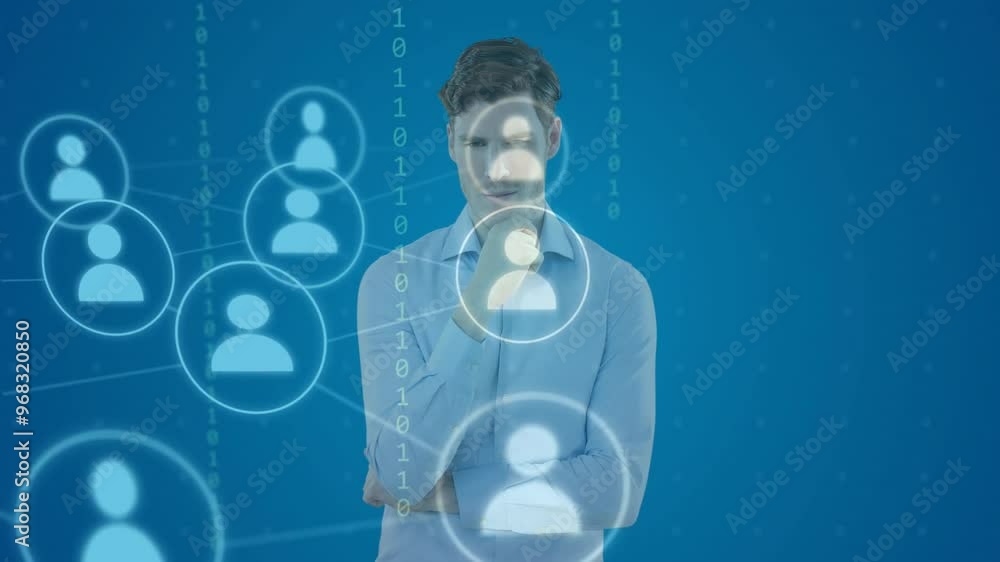 Poster animation of network of connections and data processing over caucasian man on blue background