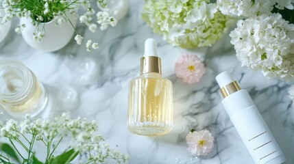A bottle of luxury facial oil on a marble countertop, surrounded by beauty products and flowers.